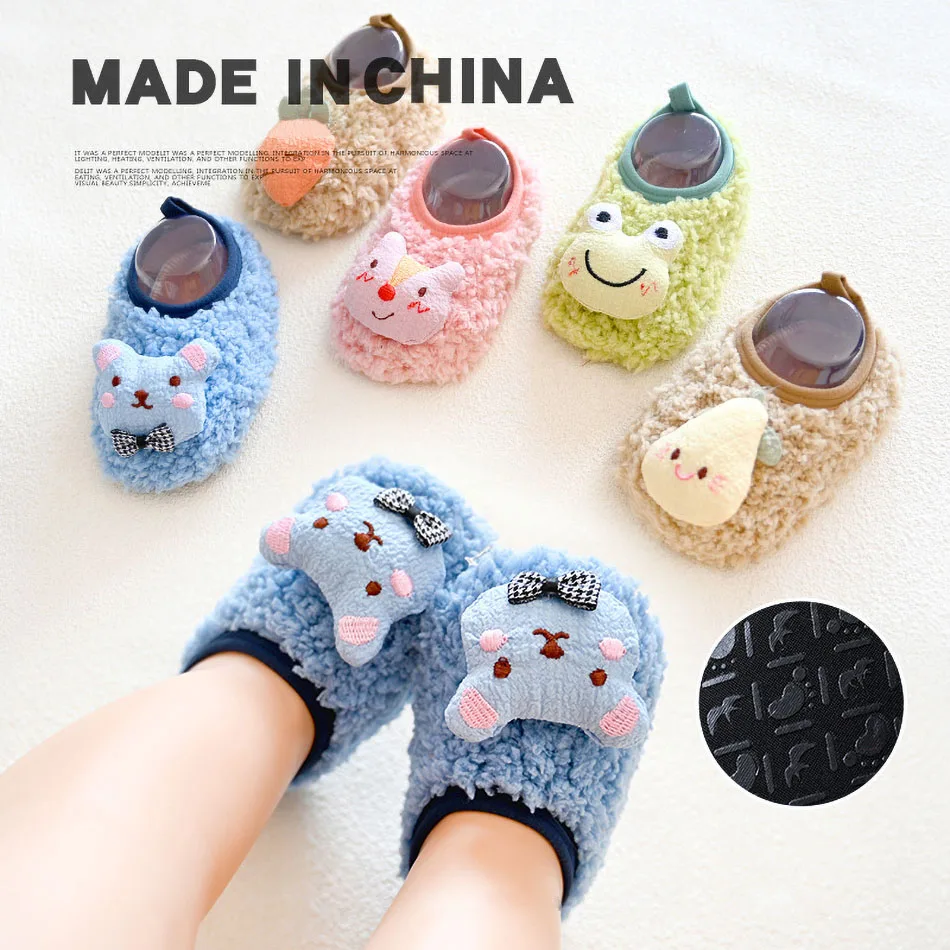 Toddler Floor Socks Boys Girls Frog Bear Carrot Pear Sponge Soft Sole First Walkers Kids Fleece Winter Prewalker Children Shoes