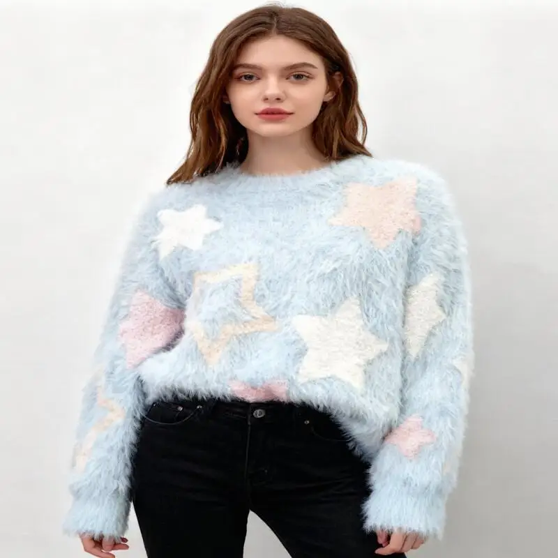 

Korean Version Mink Fur Warm and Fashionable Knitted Sweater Top, Autumn and Winter Thick and Warm College Style Sweater
