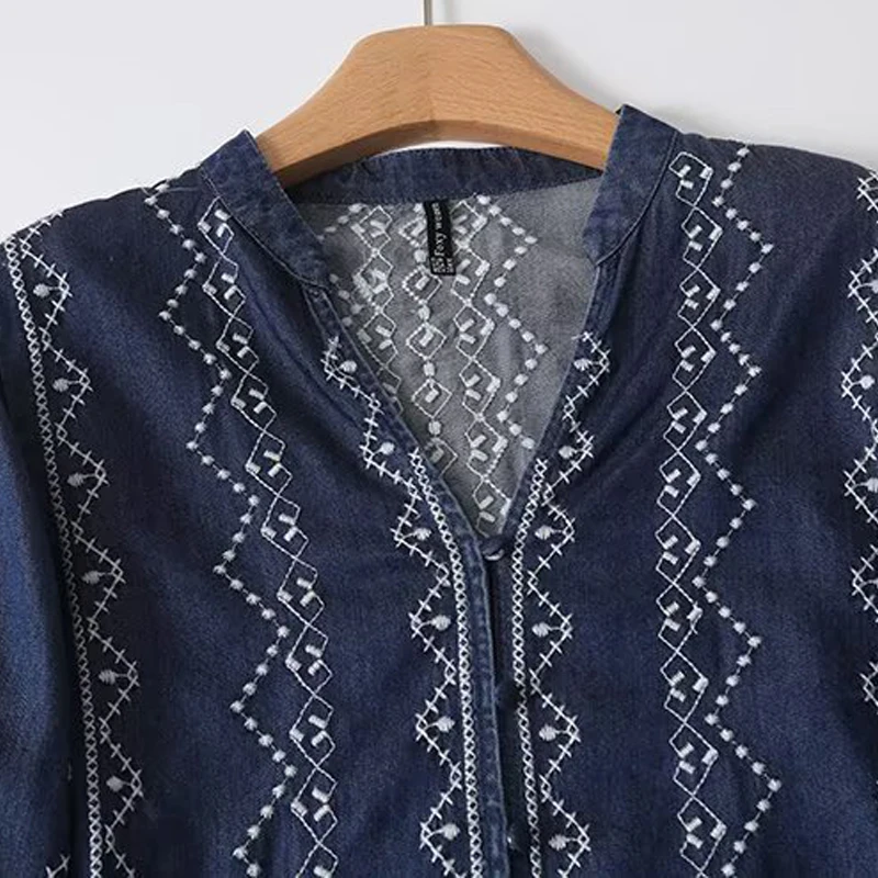 New 2025 Autumn Long Sleeve Tence Denim Shirt, Women V Neck Embroidery, Mori Girl Retro Simplicity Commute Loose Blouse T56116CC
