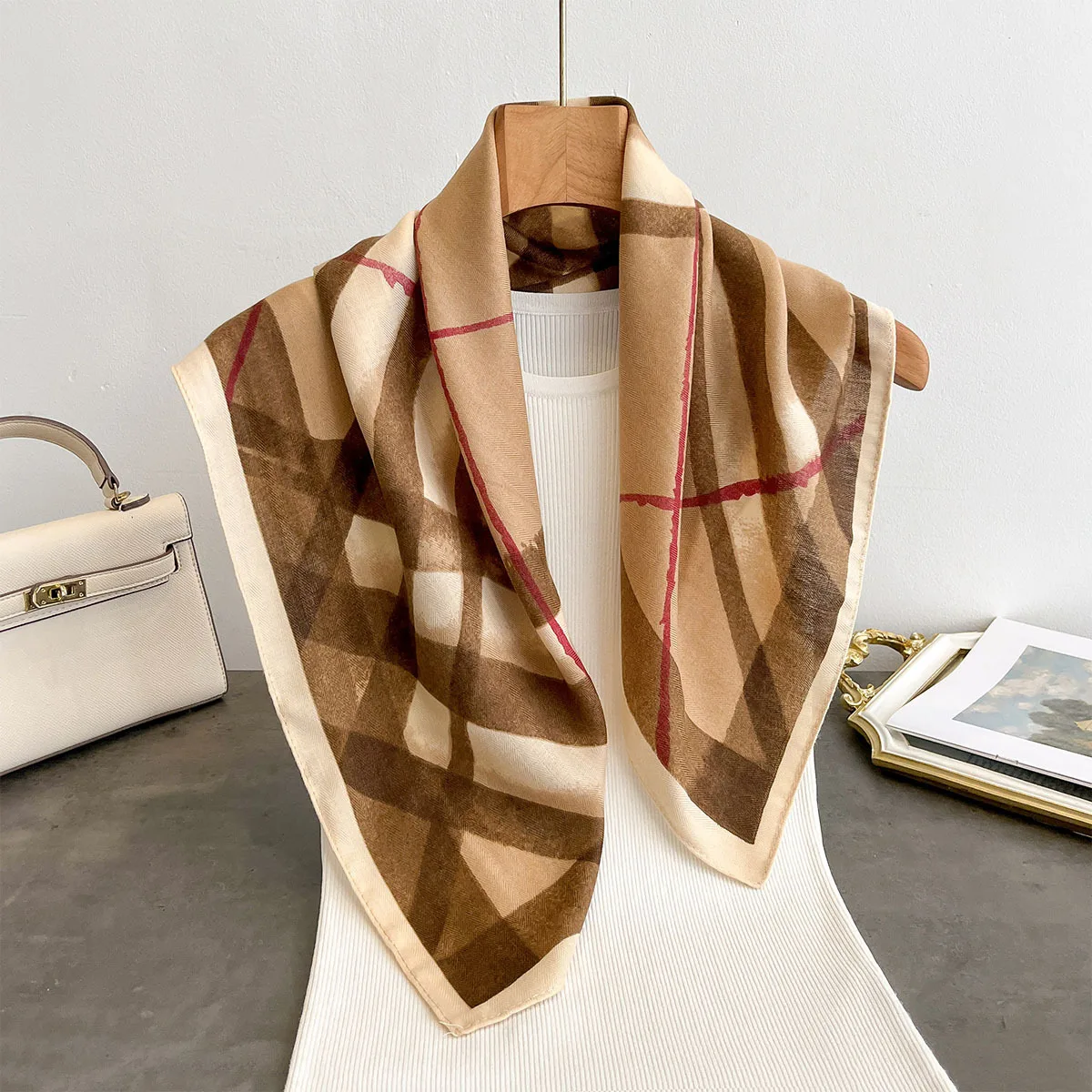 Spring and autumn new model, beige color, small square scarf, old money style, cashew nut flower scarf, women's decorative neck
