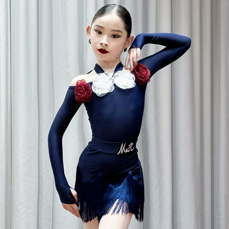 

New Girls Latin Dance Costume Flower Long Sleeves Navy Blue Fringe Dress Kids Practice Performance Clothes Training Set DNV20616