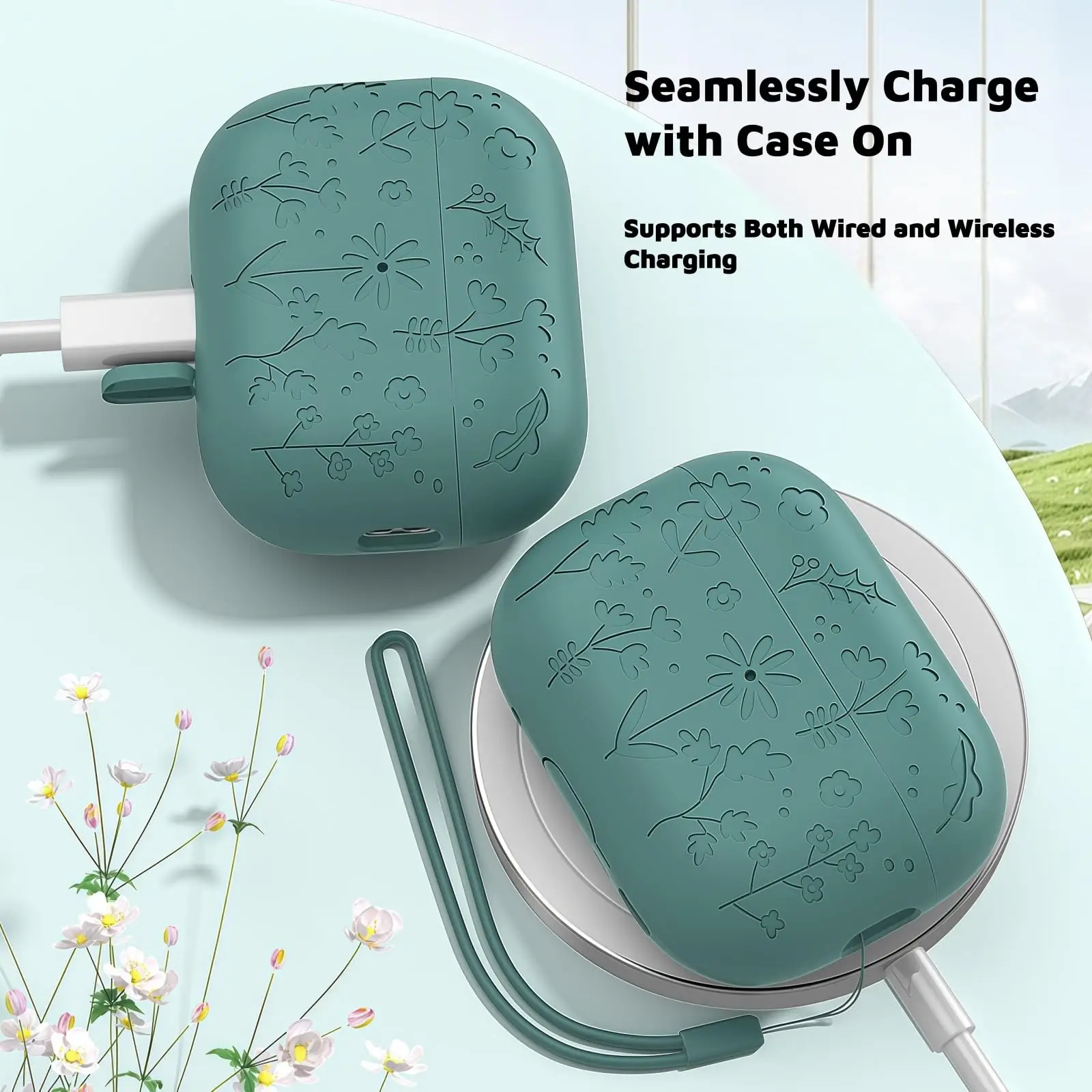 for AirPods 4/Pro 3 Flora Engraved Design Case for AirPods 4 Cover Protective Silicone flower with Keychain for Airpods Pro 3/4 - view 3