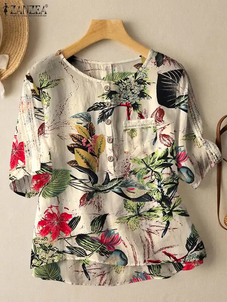 Summer O Neck Half Sleeve Floral Printed Blouse ZANZEA Women Vintage Casual Tops Tunic Bohemian Holiday Blusas Oversize Shirt