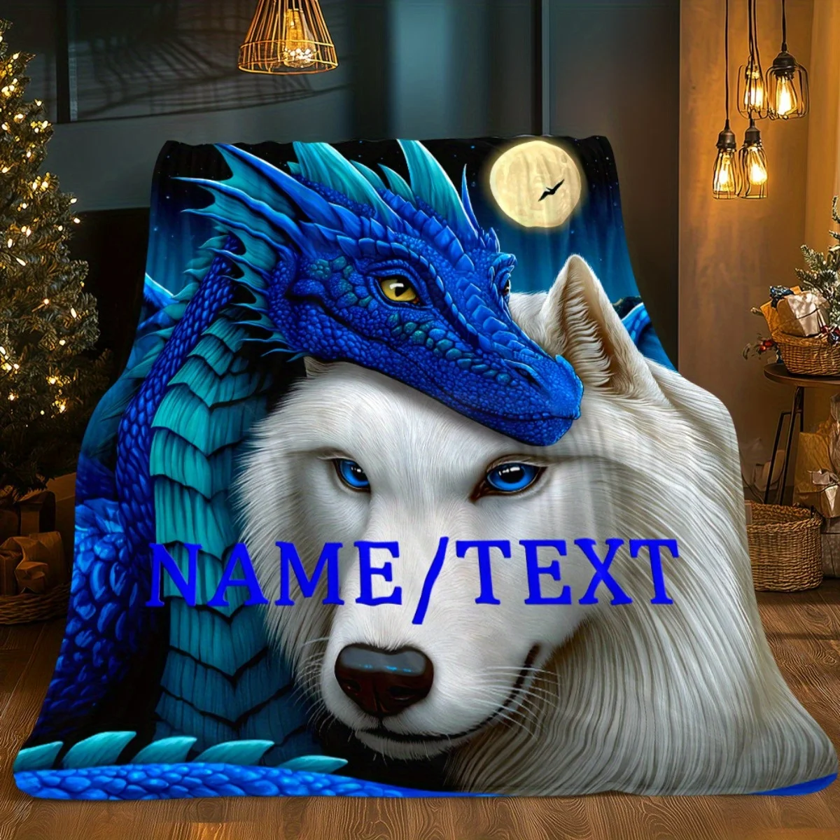 1pc Custom Name Dragon & Wolf Fantasy Flannel Blanket - Personalized HD Print Flannel Throw with Blue Dragon & White Wolf Night