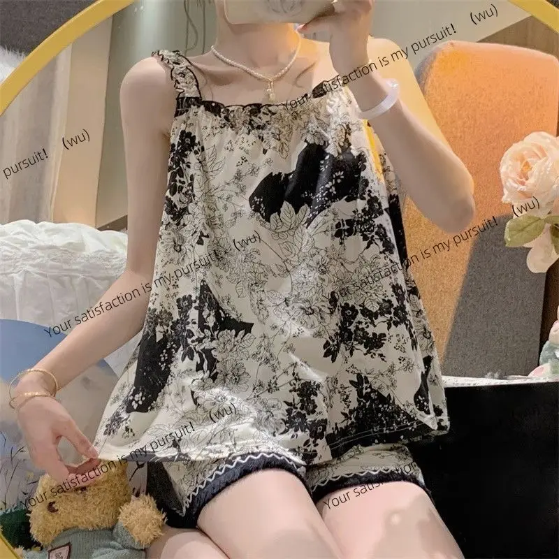 

Женский летний пижамный комплект, шорты на подтяжках, изысканная корейская домашняя одежда с цветочным принтом, комплект из 2 предметов