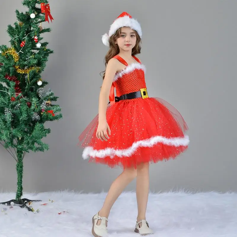 

Christmas Tutu Skirt With Santa Hat Holiday Girl Toddler Dress Santa Costume For Girls 2-12 Princess Dress With Hat For New Year