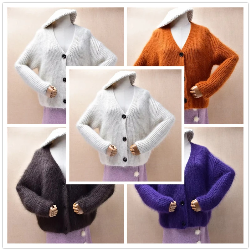 Ladies Women Autumn Winter Clothing Beige Hairy Angora Rabbit Hair Knitted Jersey Long Sleeves V-Neck Loose Cardigans Sweater