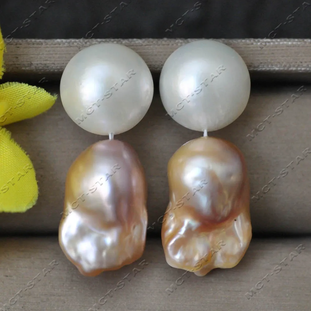 MTC·STAR 23mm White Round Heart South Sea Mabe Pearl Pink Lavender Baroque Keshi Pearl Dangle Earring (Z14741
