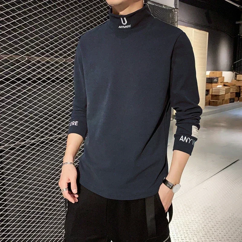 2023 Cashmere T-Shirts Men Long Sleeve Embroidery Letter T Shirt Homme Turtleneck Streetwear Casual T-shirts Male Fashion Tee