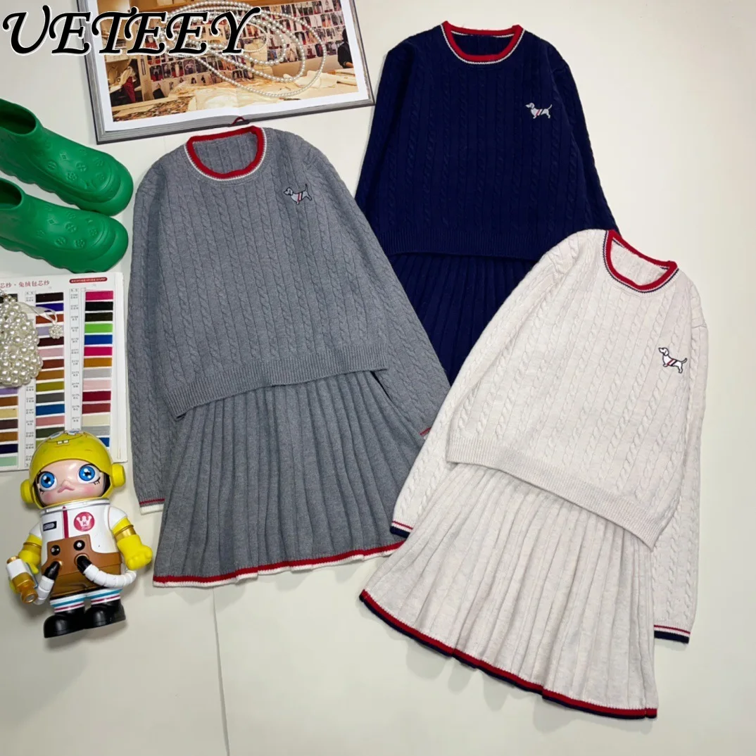 Autumn New College Style Contrast Color Age Reduction Fashion Cartoon Embroidered Knitted Sweater and Short Skirt Two-piece Set