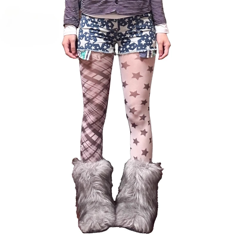 2025 Spring Autumn New Design Y2K Printed Irregular Star Plaid Women's Stockings Japanese Sweet Cute Versatile Tights Ladies
