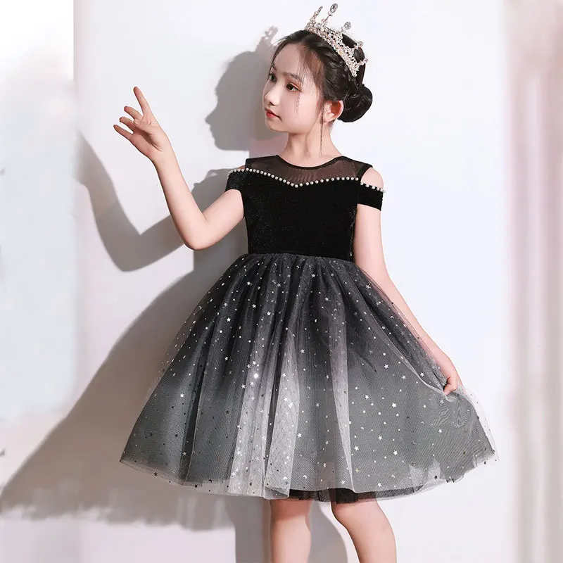 Girls Black Formal Party Gown Kids Elegant Cold Shoulder Evening Dress Knee Length Princess Tutu Lush Beading Dresses Concert