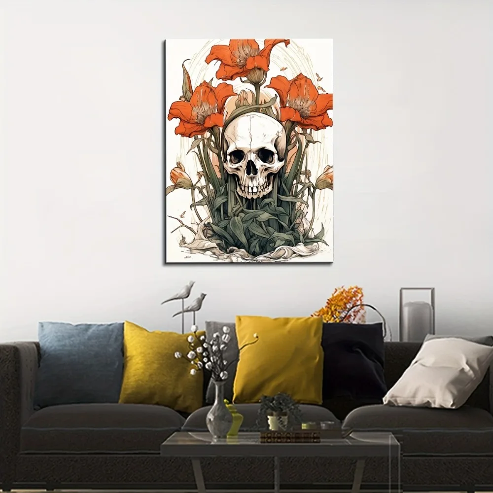 1,5-Zoll-Massivholzrahmen, gruselige Totenkopf-Reben und Blumen, perfekt für Schlafzimmer, Heimdekoration