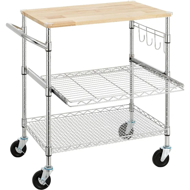 

3-Tier Rolling Kitchen Cart with 18" D x 30" W Oak Wood Tabletop, Kitchen Island Cart with 4