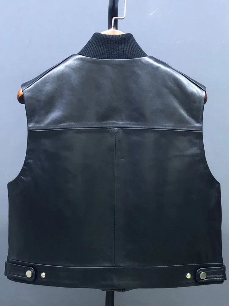 Office Female Solid Color Genuine Leather Vest Fashion Comfortable Single Breasted Sleeveless Pocket Sheepskin Outerwear