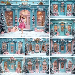 Christmas Gift Shop Photography Background for Girl Photo Nutcracker Soldier Backdrop Winter Blue Shop Front Snowflake Backdrop