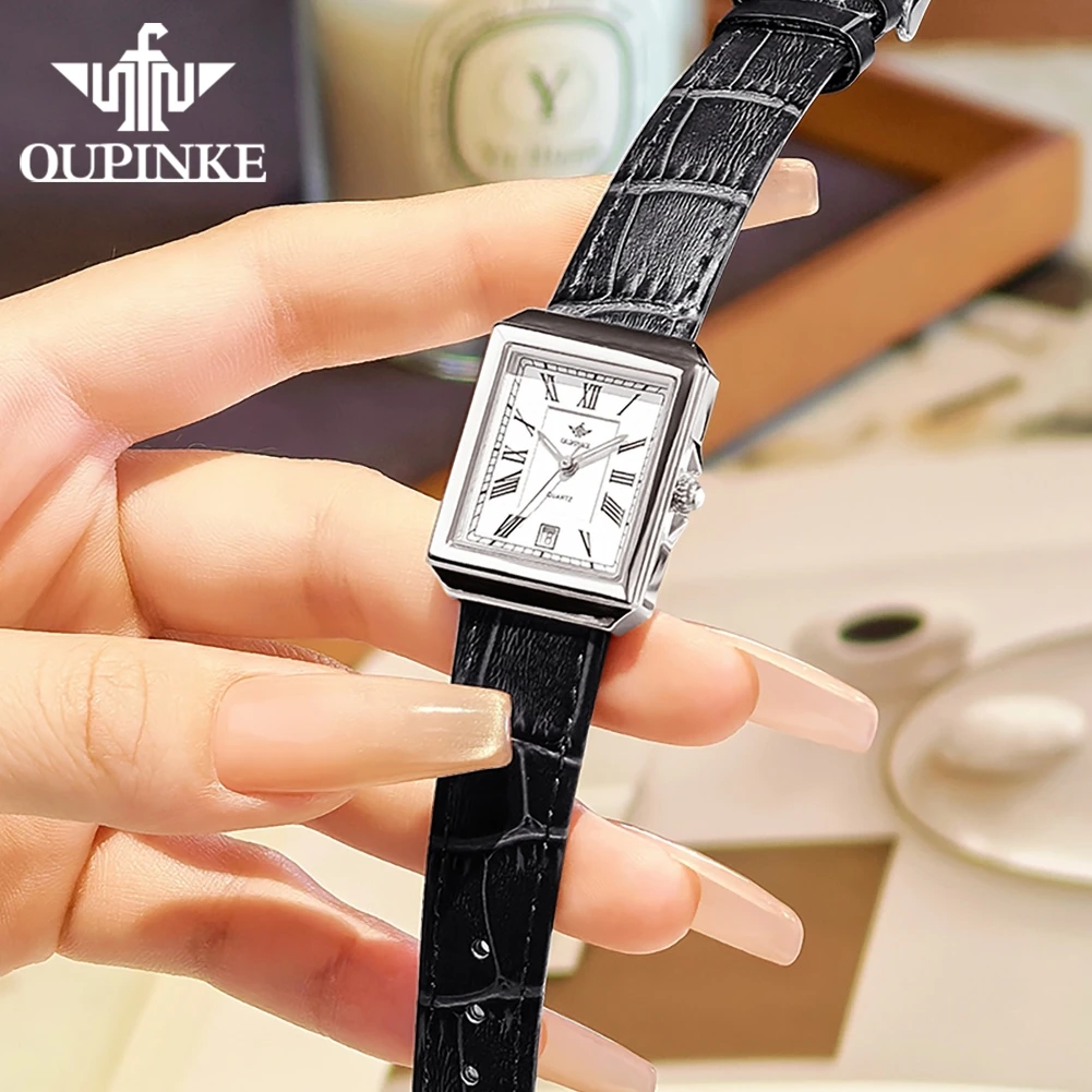OUPINKE 3182 Reloj para mujer Reloj mecánico automático elegante de lujo ﻿   Relojes cuadrados con fecha y correa de cuero resistente al agua hasta 50M para mujer