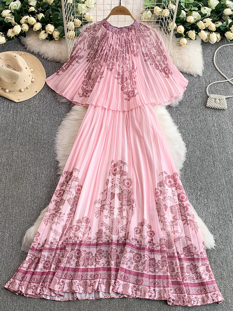 

Summer Women's Round Neck Hooded Dress New French Retro Fashion Elegant Vacation Party Birthday Pleated Long Dress J08