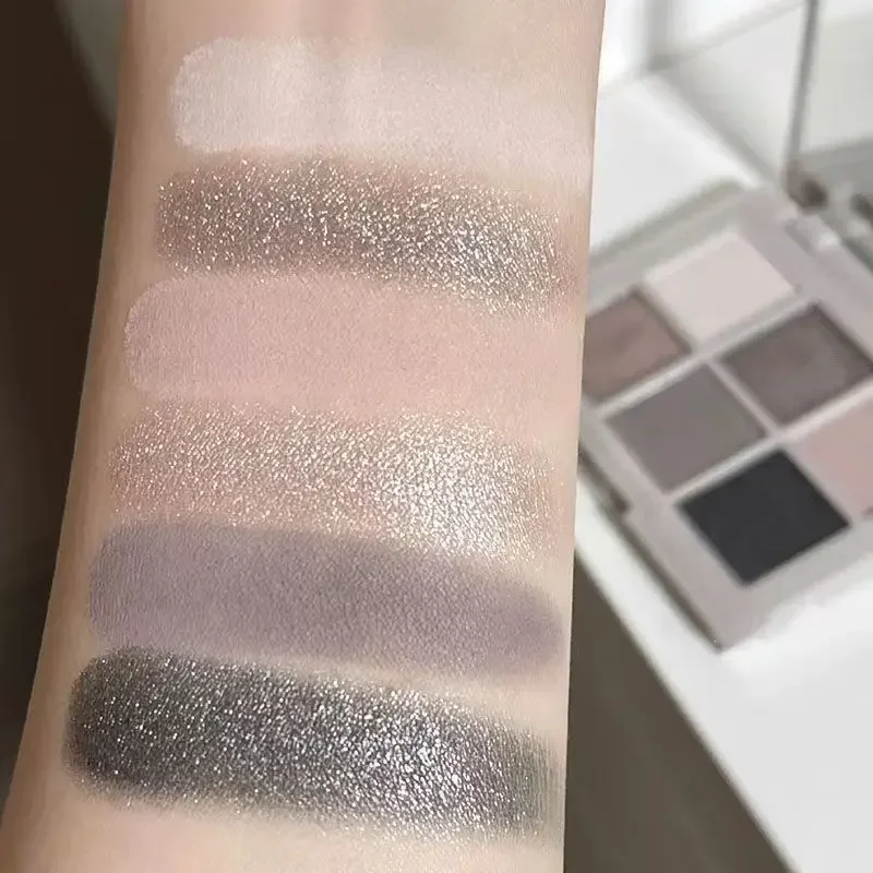 Sombra de ojos de 6 colores, paleta de pigmento brillante, mate, perlado, plateado, gris oscuro, maquillaje Negro tierra duradero