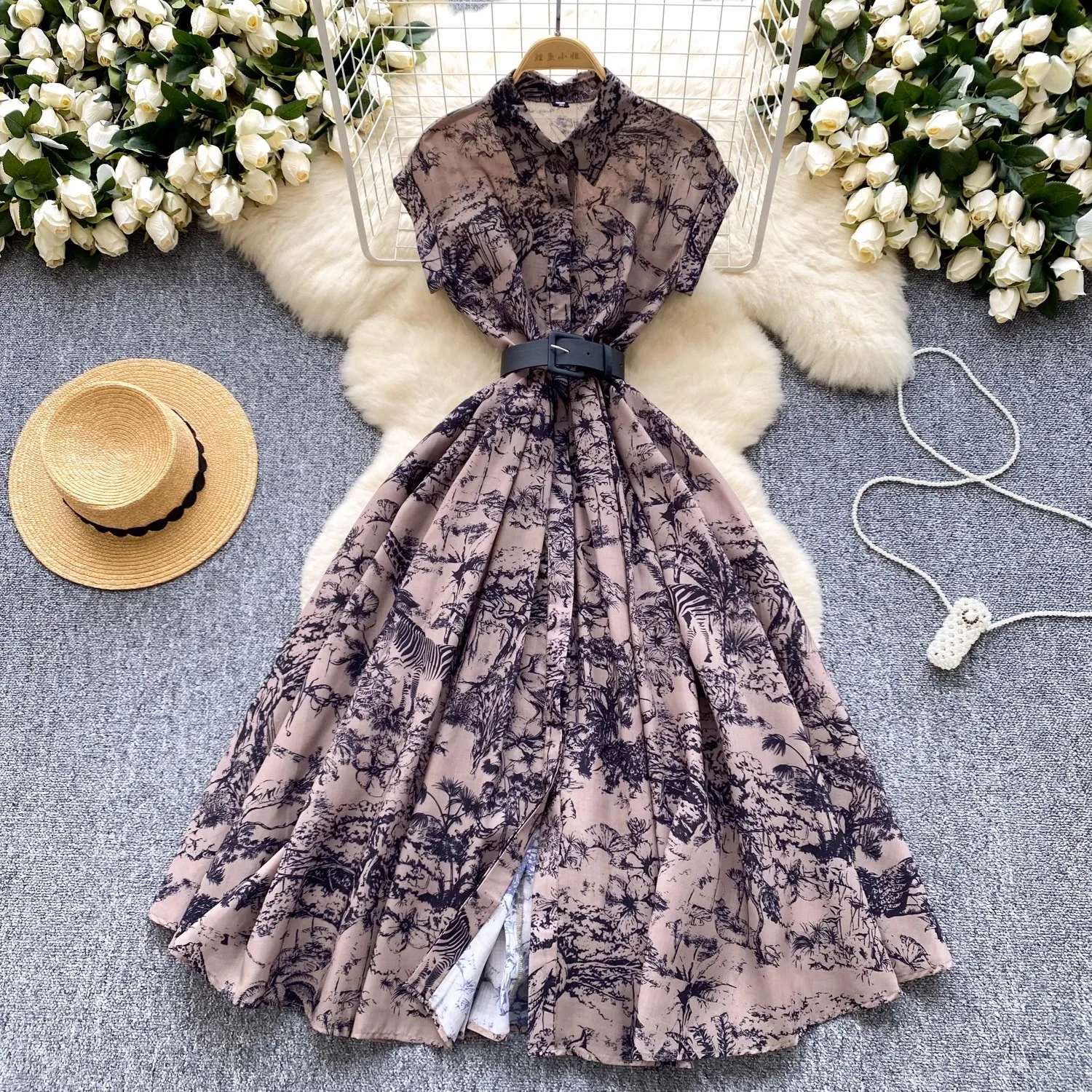 Women's Lapel Collar Vintage Midi Shirt Dress Summer Runway Pleated Short Sleeve Retro Jungle Print Belt Ladies Midi Vestidos