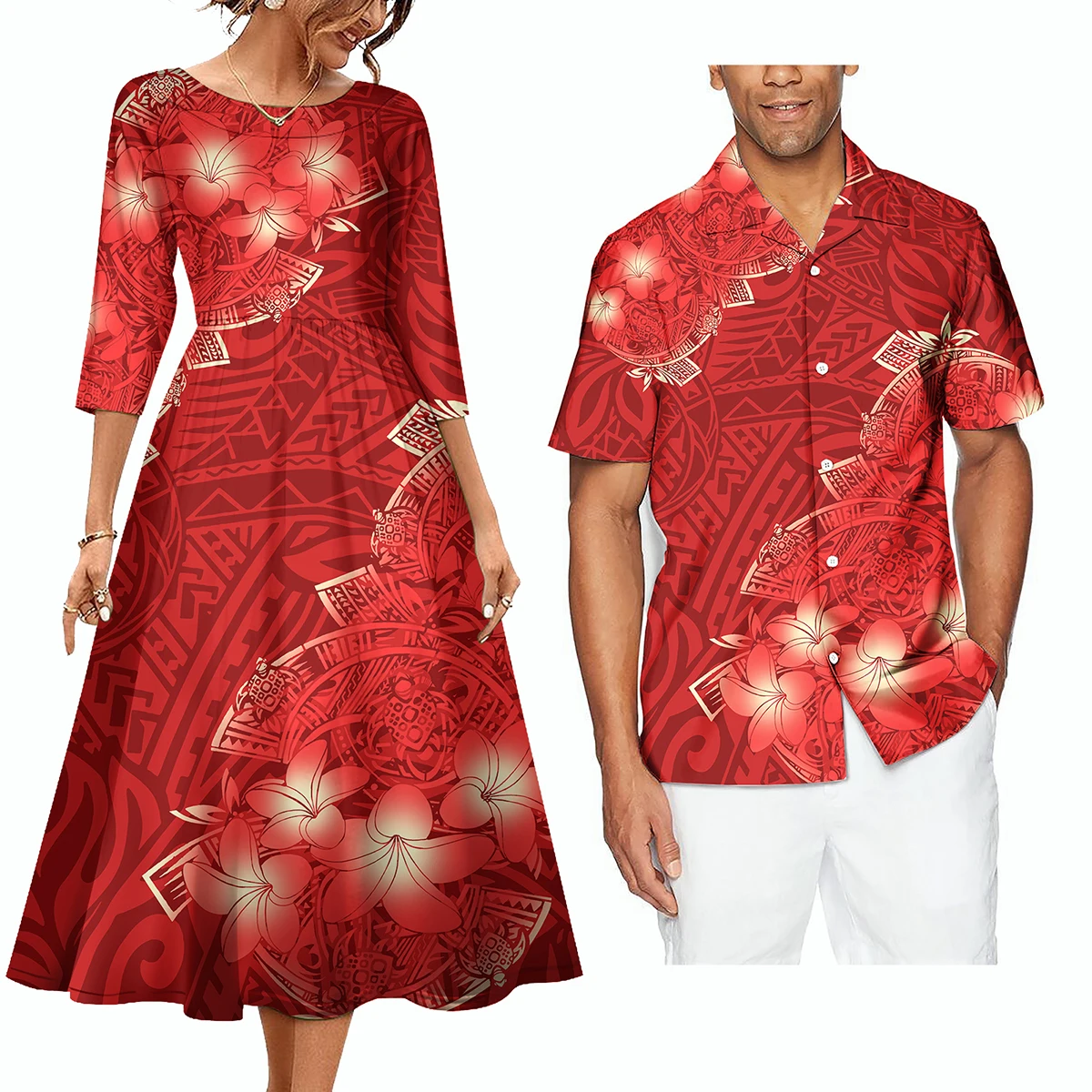 Tapa Flower Women Dress Men Aloha Shirts Custom Couple Sets Polynesian Tribal Samoa Couple Matching Outfit Clothes Two Piece