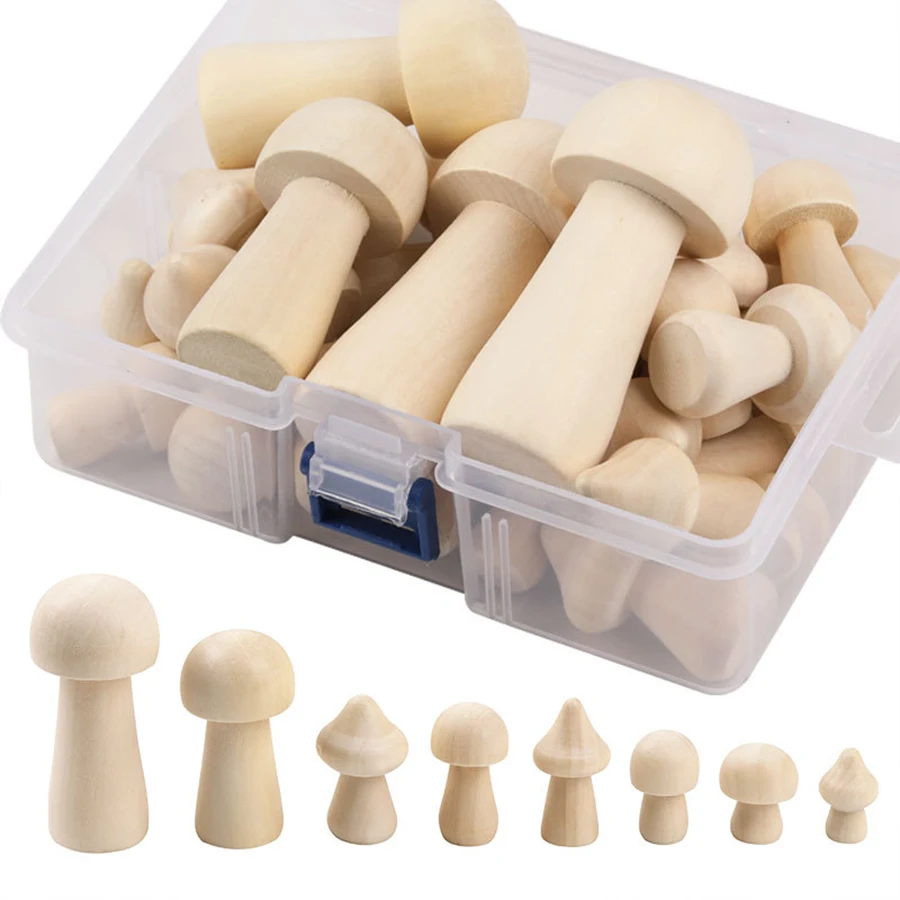 ABCPICK 34 Pieces Unfinished Wooden Mushrooms 8 Different Sizes Unpainted Wood Mushrooms Figures for Arts and Crafts