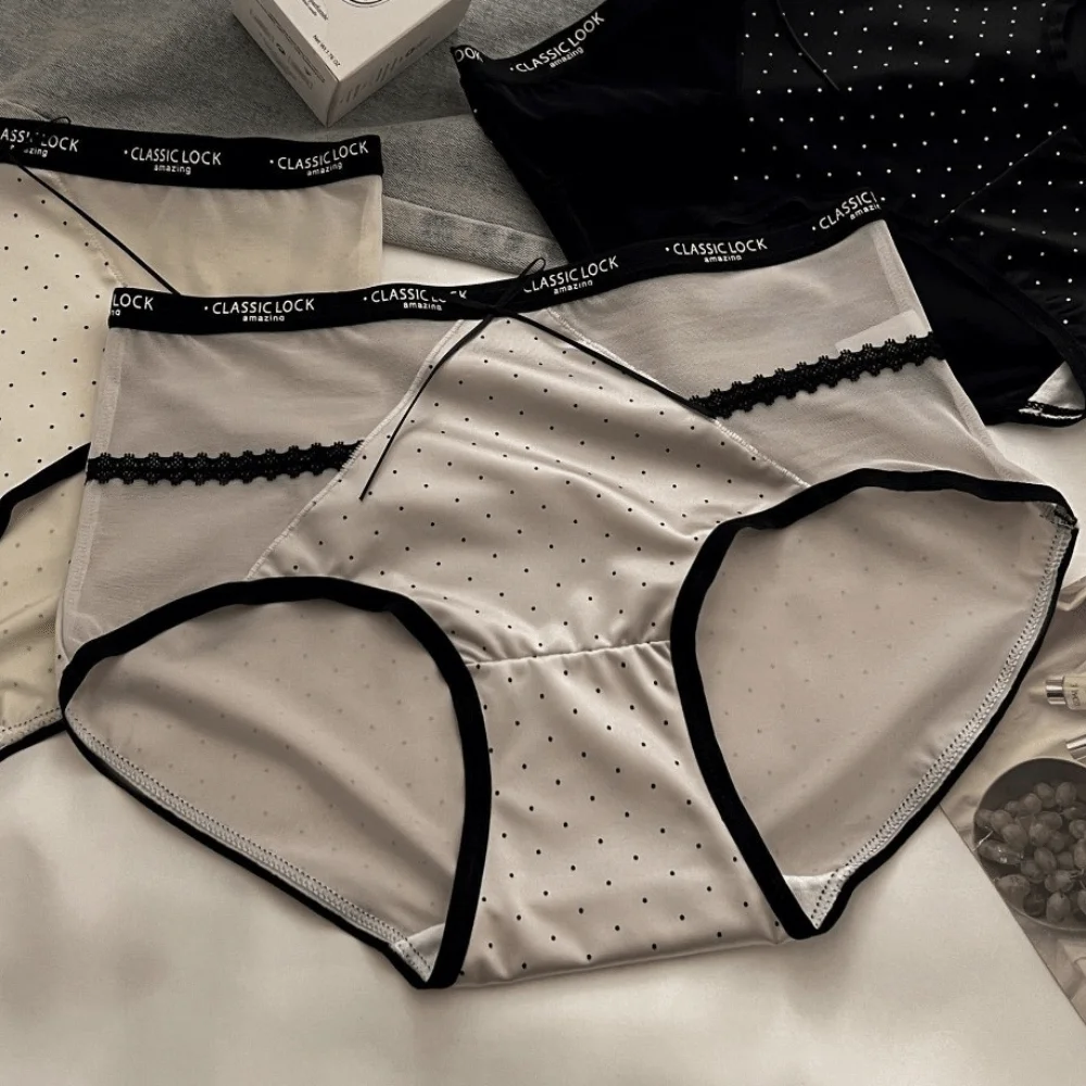 Light Thin Mesh Women's Underwear Satin Hollowed-out Wave Point Underpants Bow Seamless Briefs Girl