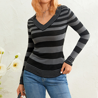 Autumn Winter Slim Fit Knitwear Women Long Sleeve V Neck Striped Print Knit Tops Sweater Casual Street Tops