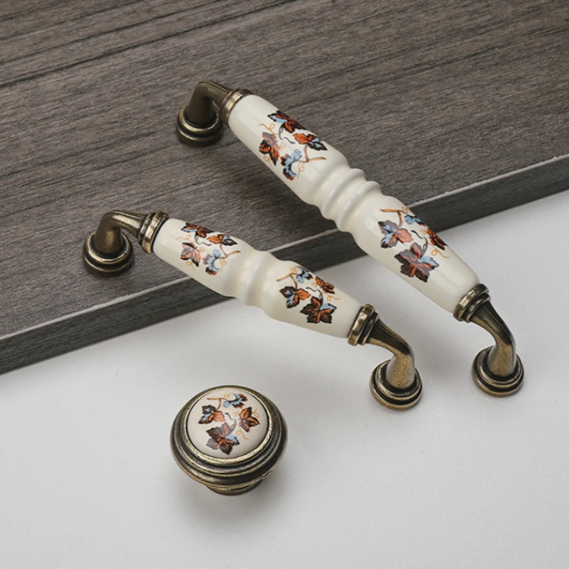 1PCS Knobs for Furniture Vintage Rural Ceramic Drawer Cupboard Door Handles Green/Red Leaves Cabinet Pulls Dresser Kitchen Pull
