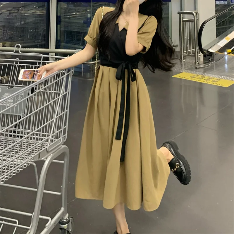 Summer Women Daily Formal Occasion Dresses Lady Gentle Satin Outfits Midi Dresses Female Tie Up Slim Fit Versatile Ruched Dress