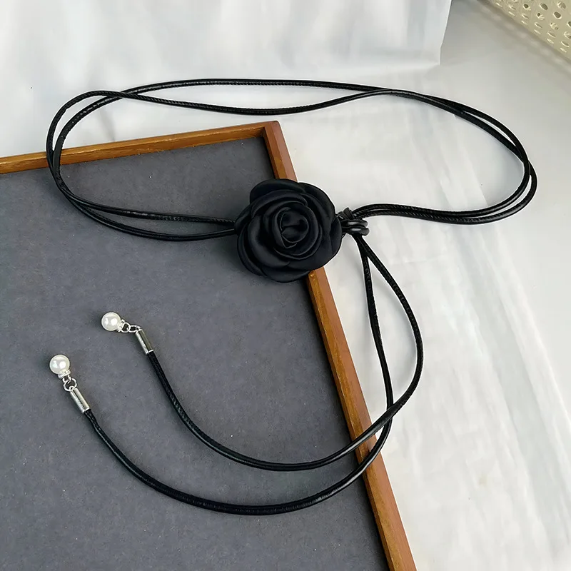Delicate Camellia Flower-Patterned Women’s Soft Knotted Waist Cord Fashionable Waist-Defining Dress and Skirt Leather Cord Belt
