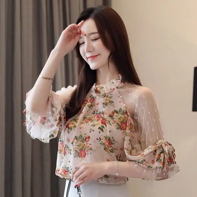 2024 Floral Chiffon Shirt New Summer Women Mesh Stitching Half Sleeve Tops Vintage Blouse Korean Women Shortsleeve T-Shirt 3XL