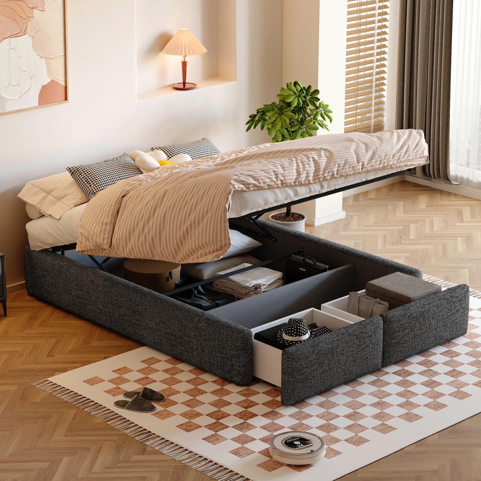 Double Bed Upholstered Bed 140 x 200 cm,Hydraulic Bed with Slatted Frame and Bed Box,for Adults and Teenagers, Without Mattress