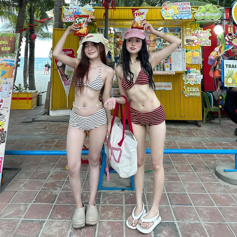 

Sexy Bikini Striped Two-Piece Swimsuit for Women Thermal Spring Beach Vaion Flat Briefs Swimming Costume with Chest Pad