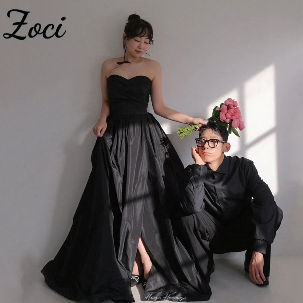 

Zoci Classic Strapless Black Korea Wedding Dresses Draped Taffeta Customized Photos Shoot Dress Sweetheart Bridal Reception Gown