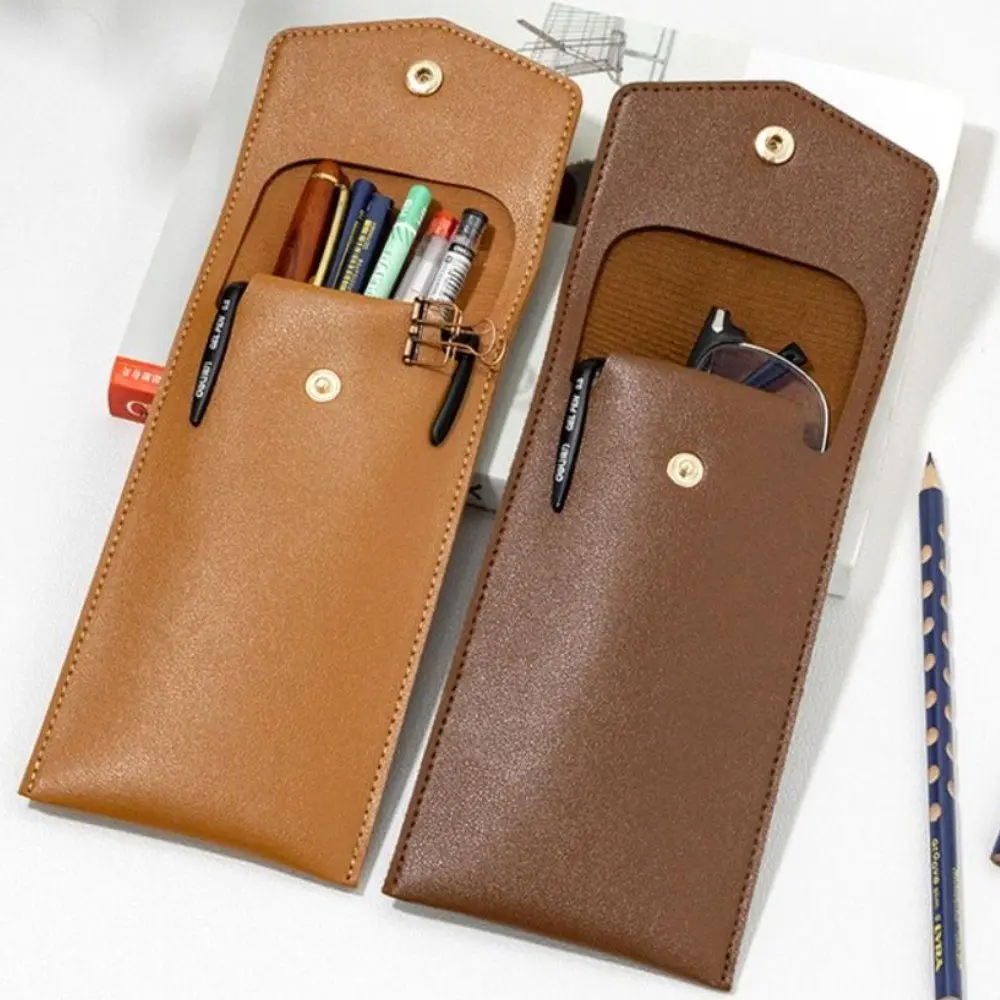 Creative Snap Button Large Capacity Pen Bag Personalized Business PU Leather Pen Pouch Student Portable Stationery Storage Bag