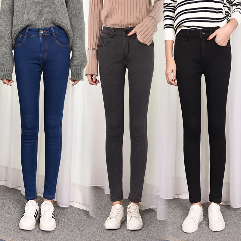 Women Thermal Jeans Stretch High Waist Winter Plush Warm Oversized Jeans Lady Plus Size Skinny Pants Students Pencil Trousers