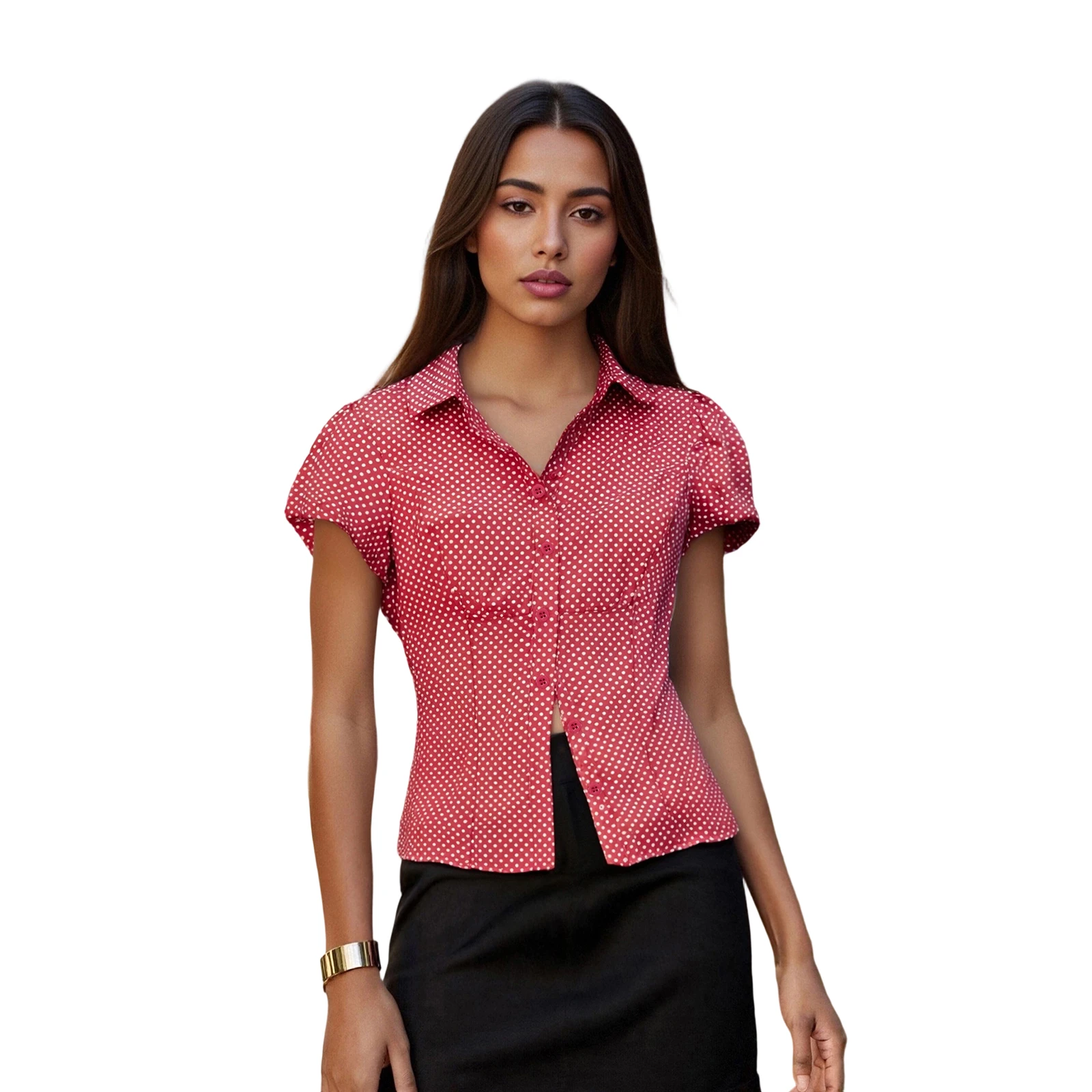 

Женская рубашка на пуговицах, повседневная однотонная топы с рукавами-пузырьками в горошек, блузка для уличной эстетичной одежды