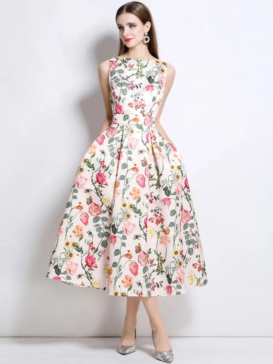 2025 neue Sommer Frau Kleider Elegante Oansatz Ärmellose Hohe Taille Drucken Midi Kleider Weibliche Kleidung