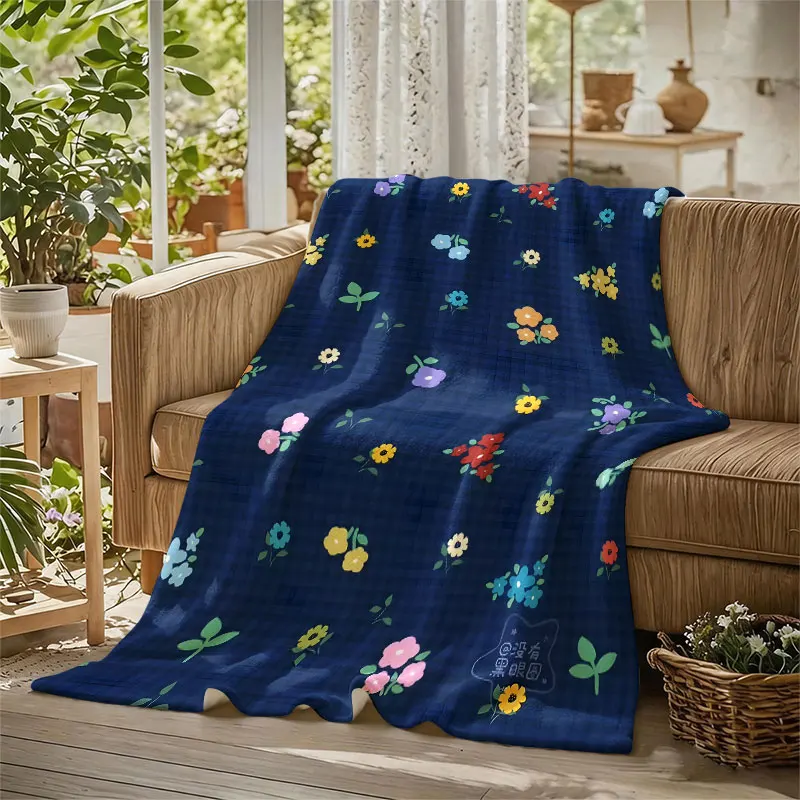 Ditsy Flowers Navy Plaid Flannel Blanket Perfect for Sofa Office Bed Travel Sleep Read Relax Camping Four Season Use