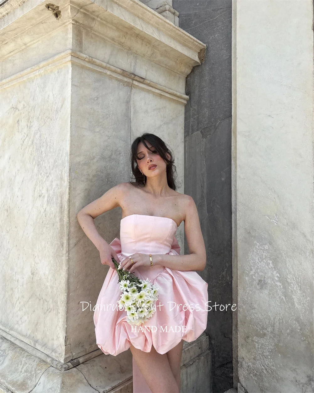 ディアンルオ ミニ Aライン イブニングドレス ピンク ストレスレス パフ サテン ローブ ド ソワレ 大きなリボン レースアップ ドレス レディース カスタムメイド