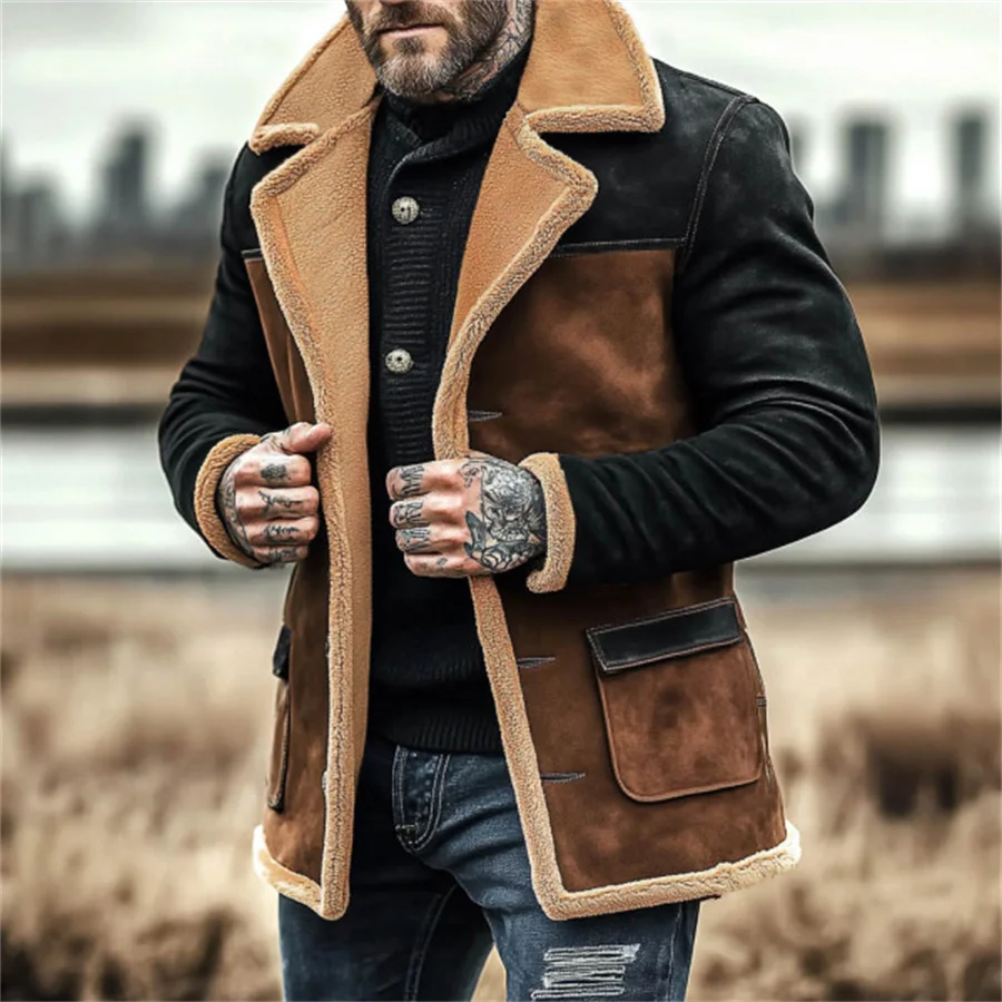 

Patchwork Men's Retro Suede Outdoor Jacket Autumn Winter Warm Fleece Long Coat with Pockets Casual Cowboy Outerwear Streetwear