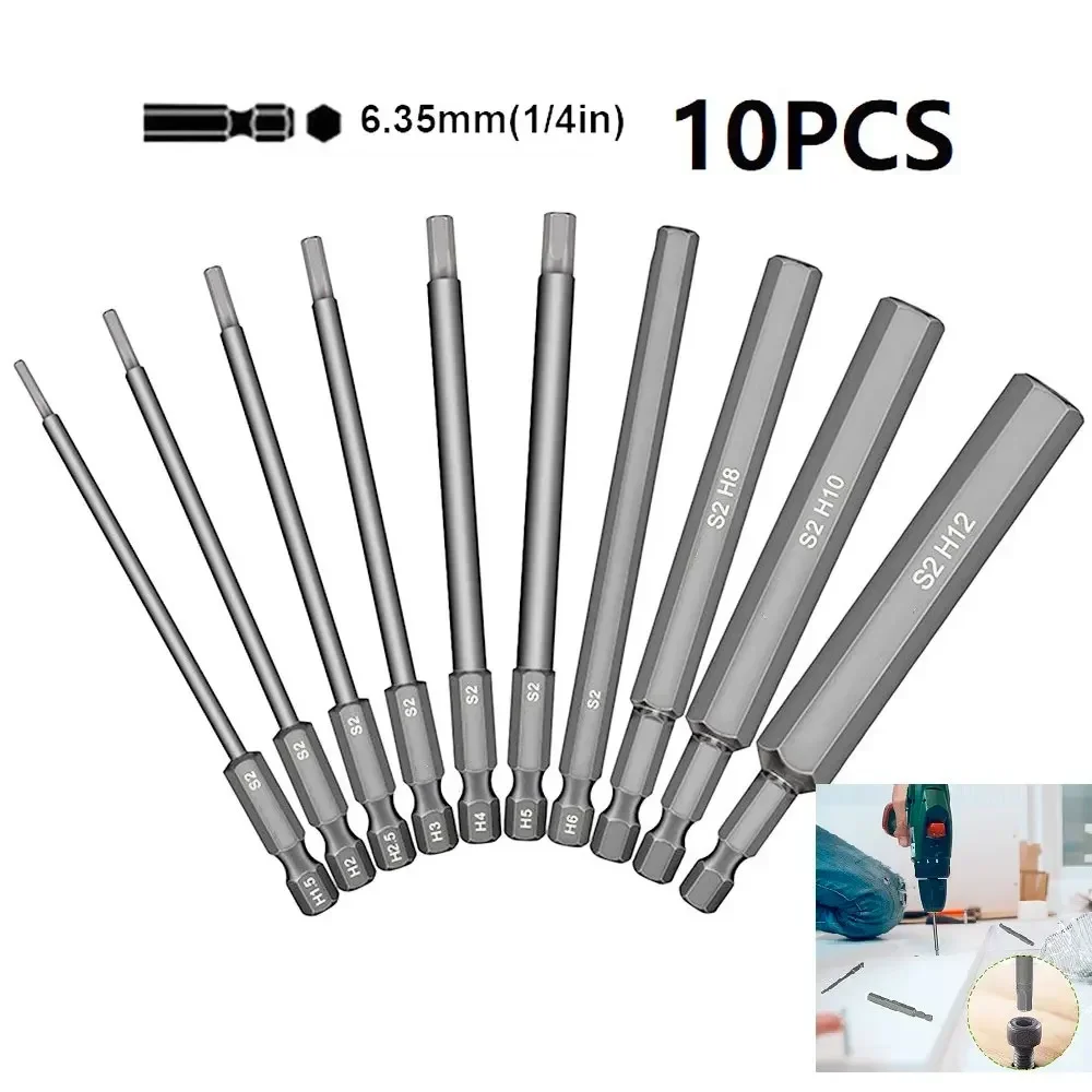 10 Stück 1/4 Zoll Sechskant-Inbusschlüssel Schraubendreher Bohrer-Set Magnetspitze 50/100 mm S2-Stahl metrischer Sechskantschlüssel-Schraubendreher