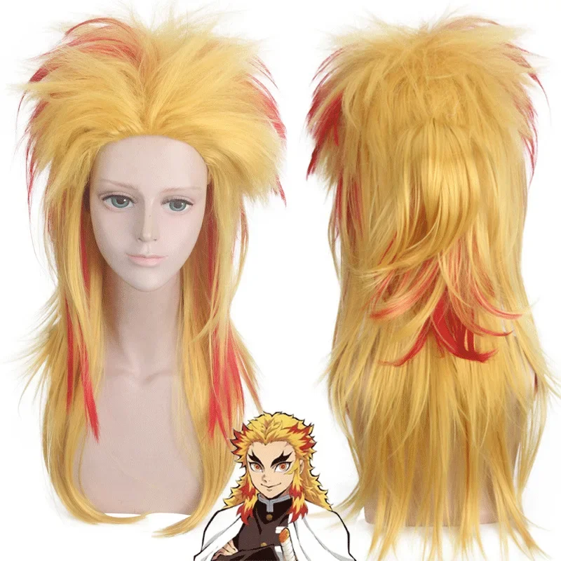 

Anime Demon Slayer Rengoku Kyoujurou Blonde Ombre Wig Cosplay Costume Men Women Heat Resistant Pontail Hair Wigs + Wig Cap