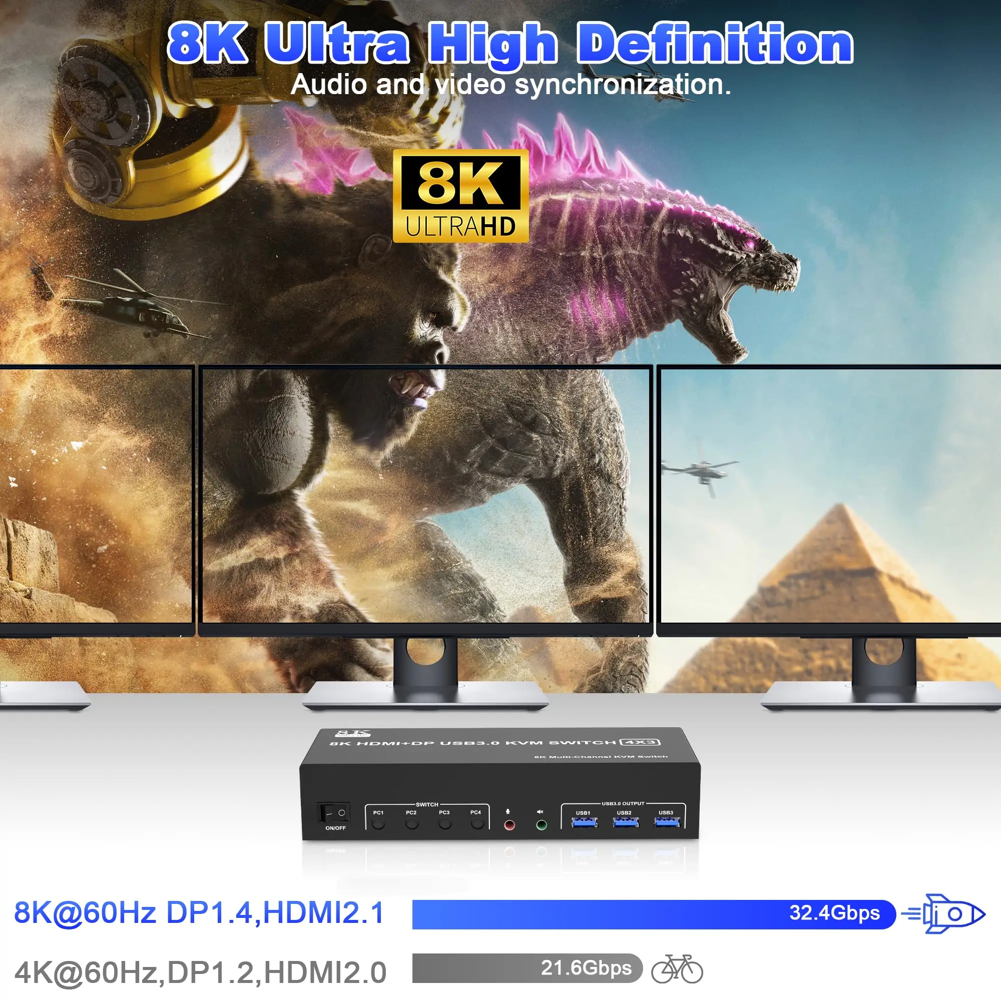 Switch KVM USB3.0 8K@60Hz 3 monitor 4 computer 4K@144Hz, 2 DisplayPort +1 monitor triplo HDMI per 4 PC con audio e 3 USB 3.0