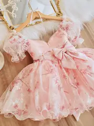 Customized Square Collar Mesh Tiered Kids Birthday Party Dress Flower Printed Bow Ball Gown Princess Robe Puff Sleeve Flower Gir