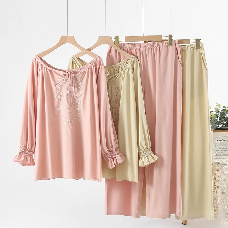 

Floral Embroider Spring New Suit Long Sleeve Sleepwear Women's 100% Cotton Pajamas Pyjamas 2 Piece Loose Nightwear Woman Pijamas