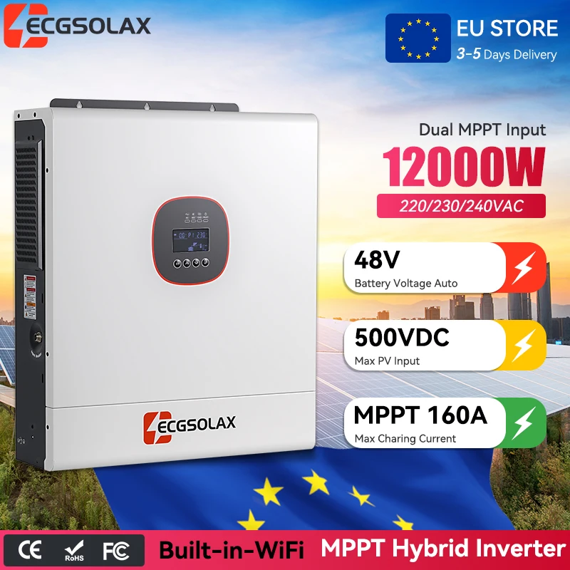 ECGSOLAX 12KW Solar Hybride Omvormer 48V 230Vac Max PV 500VDC Met 160A MPPT Laadregelaar Off-grid Solar Omvormer Zuivere Sinusgolf Ingebouwde WIFI