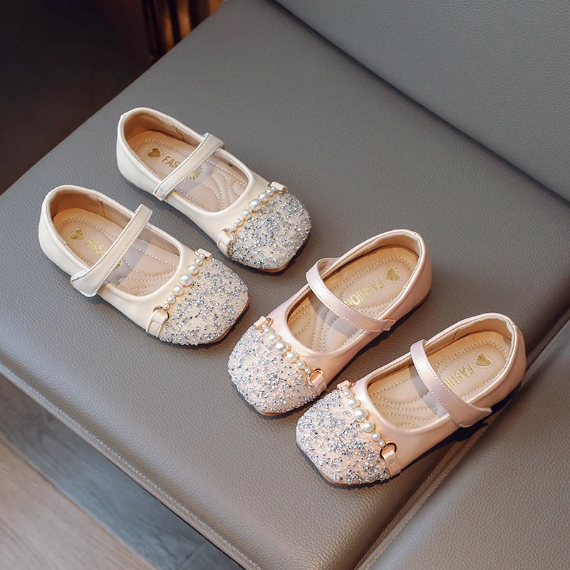 

Girls Children Mary Janes for Girls Rhinestones Pearls Hook & Loop Shallow Casual Shoes Kids Shoes Platform Spring Summer New PU