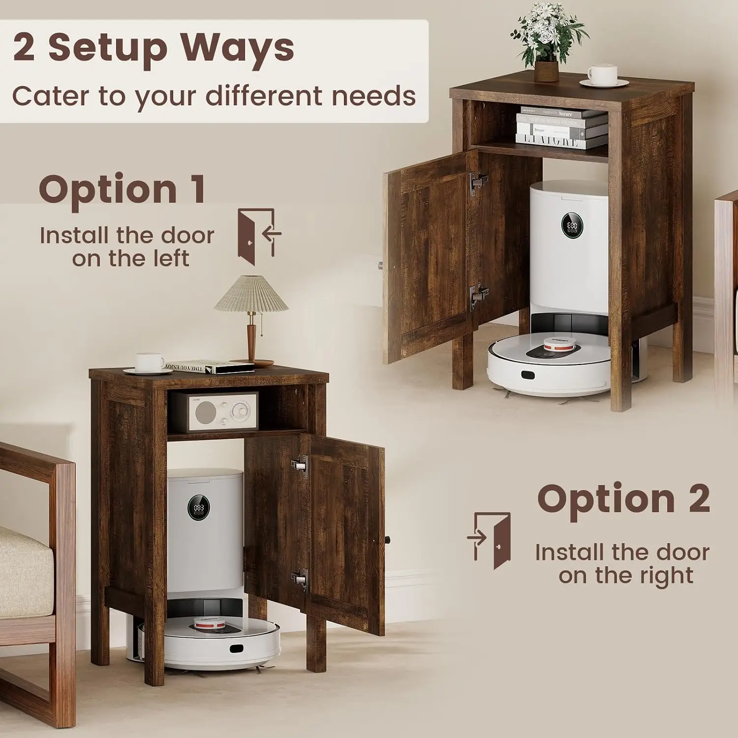 Robot Vacuum Storage Cabinet, Retro Sofa Side End Table with Hidden Robotic Vacuum Cleaner Storage & Open Compartment, Sweeping